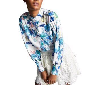 Misa Hylton For INC Womens Button Up Blouse Floral High Neck Volume Sleeves XS